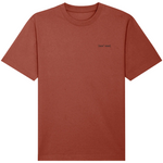 Brown rust oversized organic cotton mens crew neck t-shirt with a small embroidered signature logo on the left chest