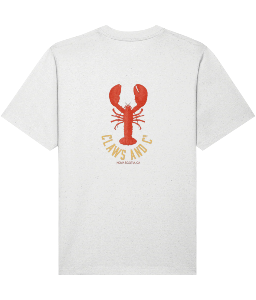 White organic cotton mens t-shirt in oversized fit with red lobster graphic and text on the back