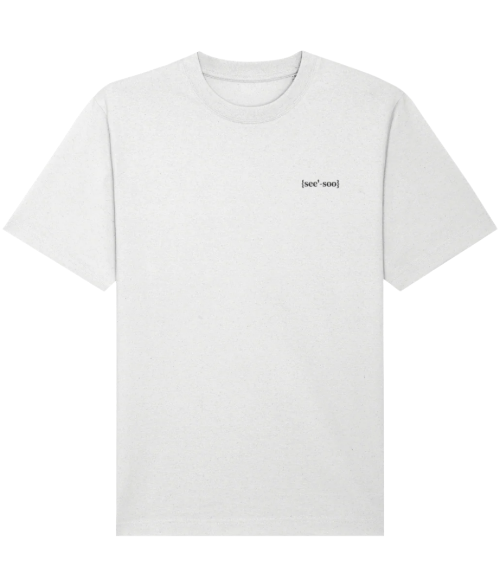 Oversized fit mens organic cotton white t-shirt with black embroidered logo on front chest