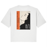 White organic cotton womens boxy fit t-shirt with a  bold graphic design print on the back featuring a stylized womans portrait