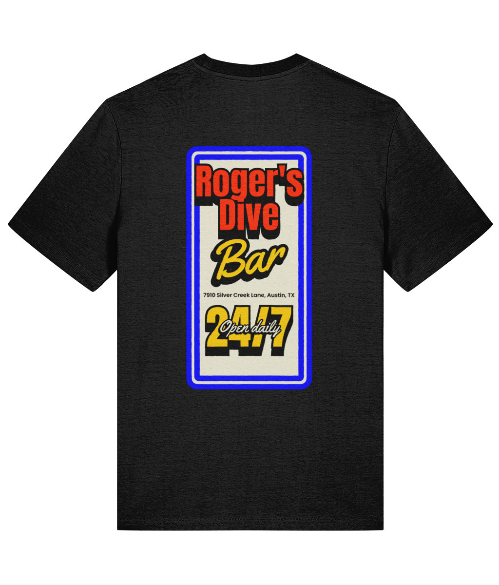 Black organic cotton t-shirt with a bold  graphic of Roger's Dive Bar, back