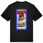 Black organic cotton t-shirt with a bold  graphic of Roger's Dive Bar, back