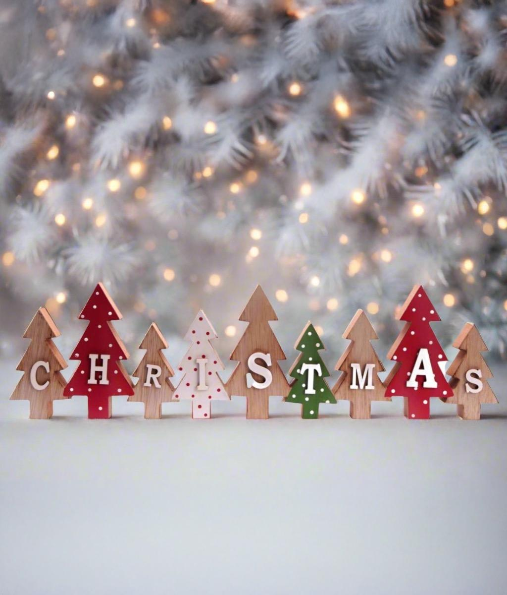 Decorative Freestanding Row of Christmas Trees, Wooden