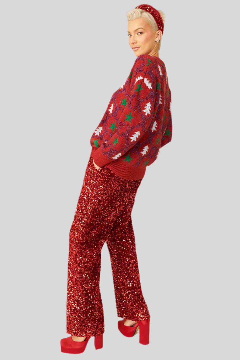 Stylish "Christmas Tree" Blended Cashmere and Banana Peel Jumper, Red