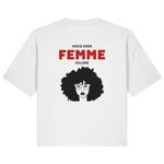 White organic cotton womens boxy-fit t-shirt with 'Voice Over Femme Volume' text and graphic on the back