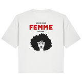 White organic cotton womens boxy-fit t-shirt with 'Voice Over Femme Volume' text and graphic on the back