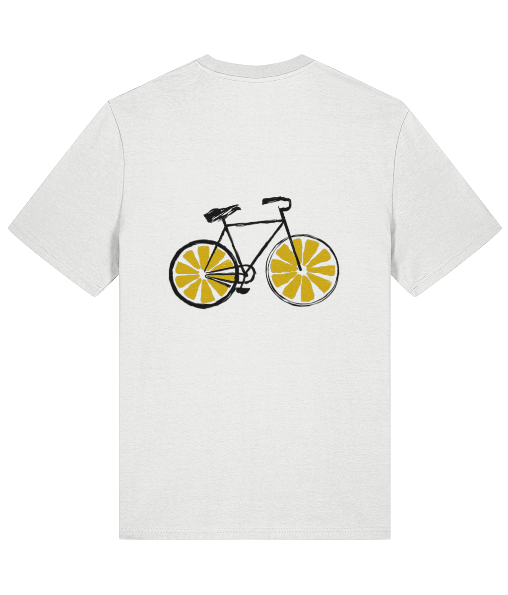 White organic cotton mens t-shirt with a bicycle graphic on the back 
