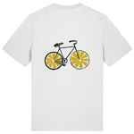 White organic cotton mens t-shirt with a bicycle graphic on the back 