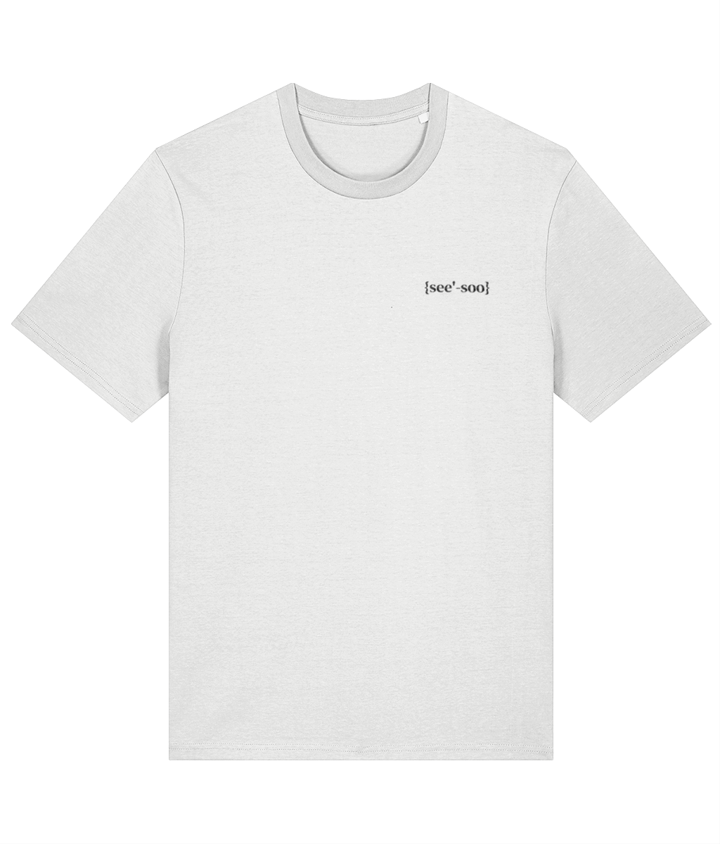 White organic cotton mens crew neck t-shirt with black embroidered signature logo on the left chest