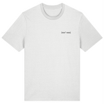White organic cotton mens crew neck t-shirt with black embroidered signature logo on the left chest
