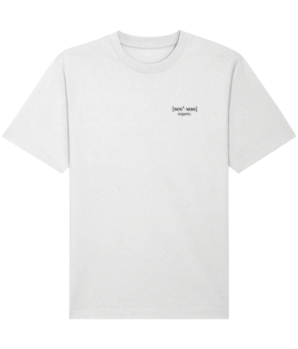 Mens white orgnic cotton oversized t-shirt with black logoon the left chest. 