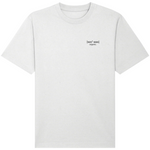Mens white orgnic cotton oversized t-shirt with black logoon the left chest. 