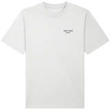 Mens white orgnic cotton oversized t-shirt with black logoon the left chest. 