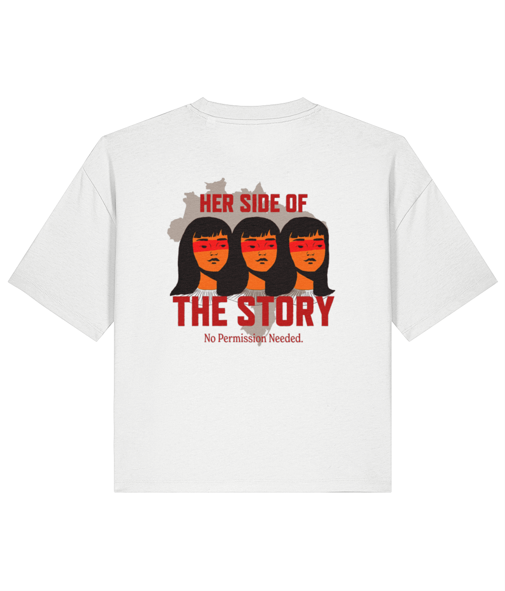 White organic cotton womens boxy-fit t-shirt with graphic design featuring women and empowering text on the back