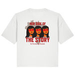 White organic cotton womens boxy-fit t-shirt with graphic design featuring women and empowering text on the back