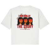 White organic cotton womens boxy-fit t-shirt with graphic design featuring women and empowering text on the back