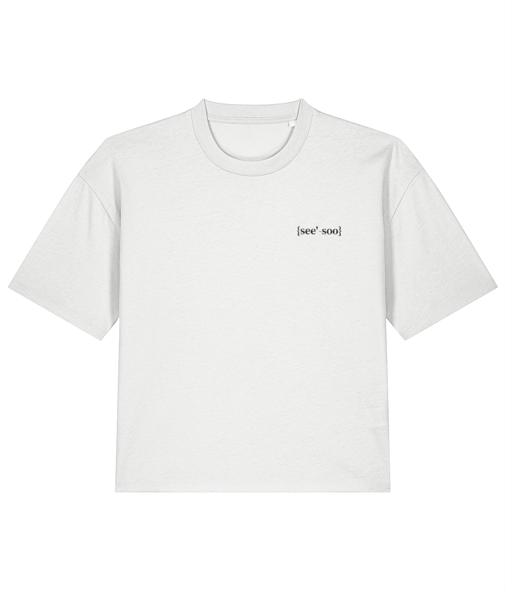White organic cotton womens boxy fit t-shirt front with black embroidered signature logo on left chest