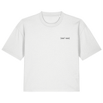 White organic cotton womens boxy fit t-shirt front with black embroidered signature logo on left chest