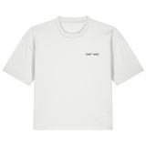 White organic cotton womens boxy fit t-shirt front with black embroidered signature logo on left chest
