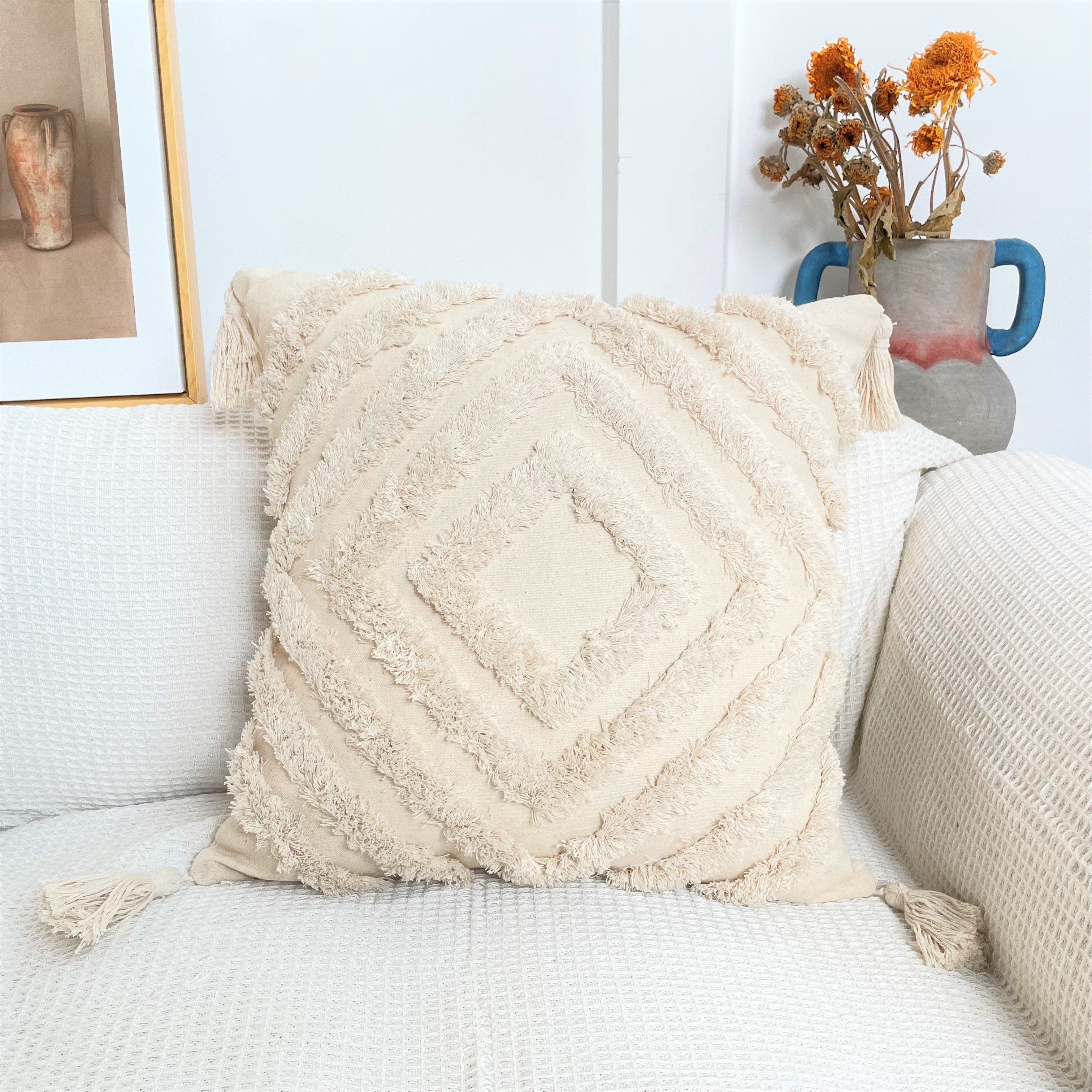 Pure Cotton Custom Boho Tassel Style Tufted Cushion Covers Home Decoration 45x45cm (18 x 18 Inches)-3