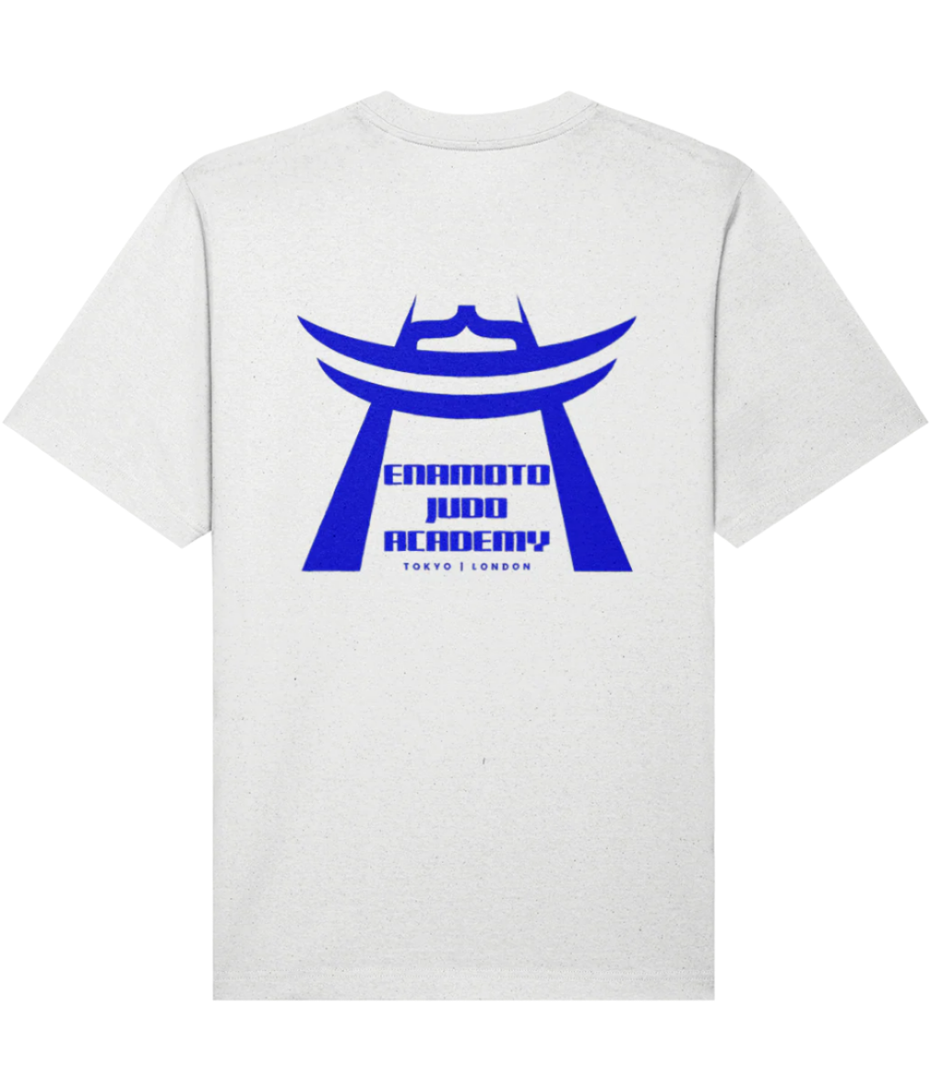 White organic cotton oversized mens crew neck t-shirt with blue Japan-inspired graphic print. 