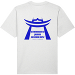 White organic cotton oversized mens crew neck t-shirt with blue Japan-inspired graphic print. 