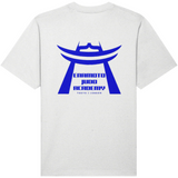 White organic cotton oversized mens crew neck t-shirt with blue Japan-inspired graphic print. 