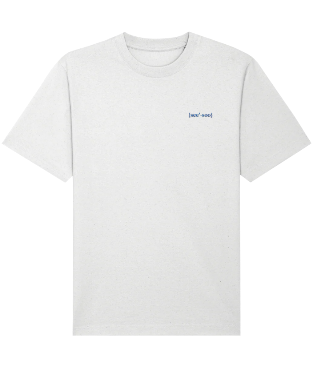 White organic cotton oversized crew neck t-shirt with a small blue embroidered signature logo in blue