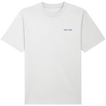 White organic cotton oversized crew neck t-shirt with a small blue embroidered signature logo in blue