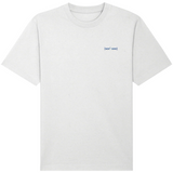 White organic cotton oversized crew neck t-shirt with a small blue embroidered signature logo in blue