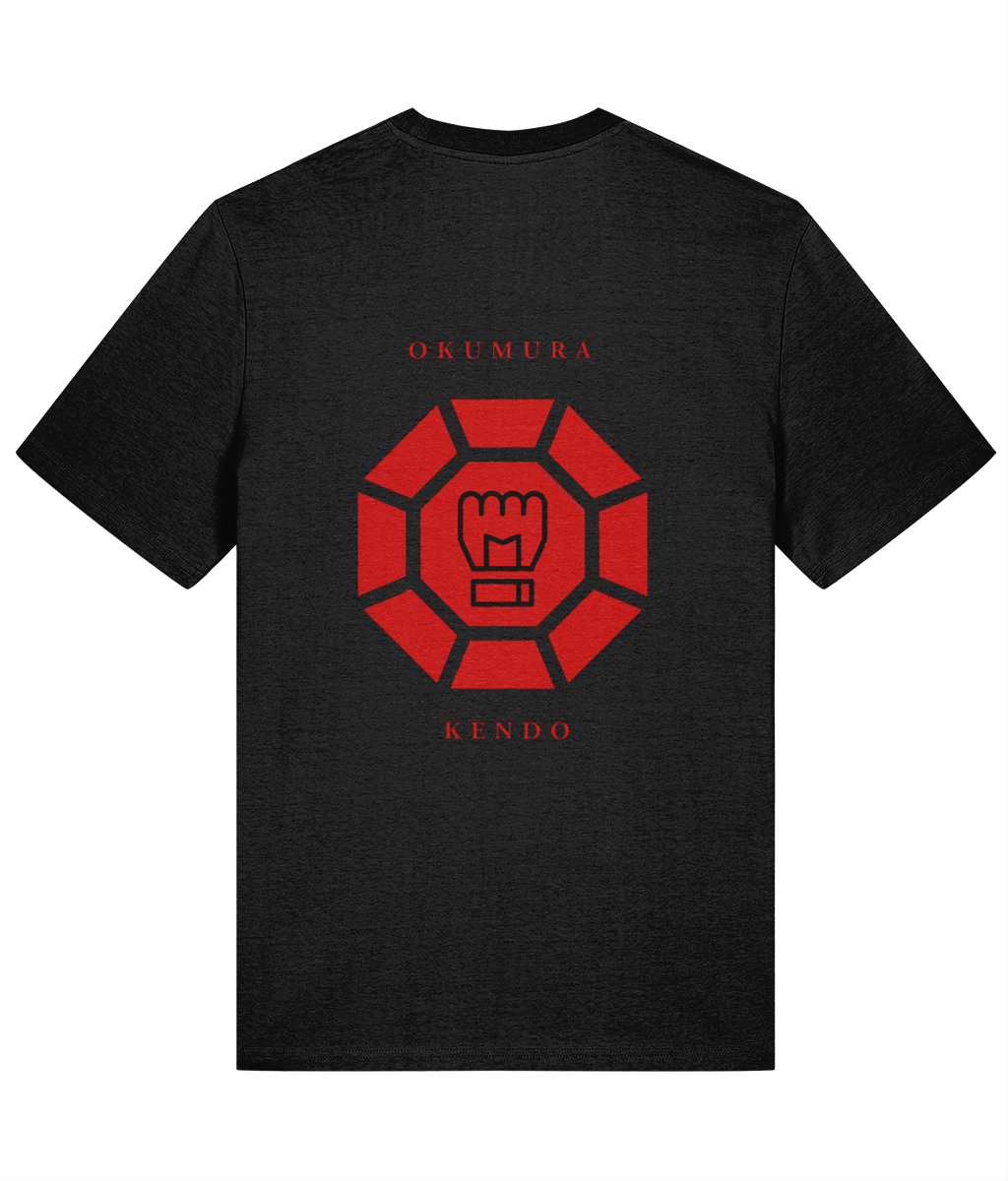 Black organic cotton mens t-shirt with red 'Okumura Kendo' graphic print on the back