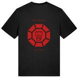 Black organic cotton mens t-shirt with red 'Okumura Kendo' graphic print on the back