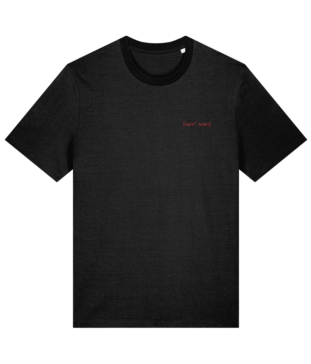 Black organic cotton mens crew neck t-shirt with a small red embroidered logo on left chest