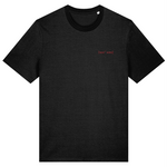 Black organic cotton mens crew neck t-shirt with a small red embroidered logo on left chest