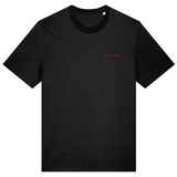 Black organic cotton mens crew neck t-shirt with a small red embroidered logo on left chest