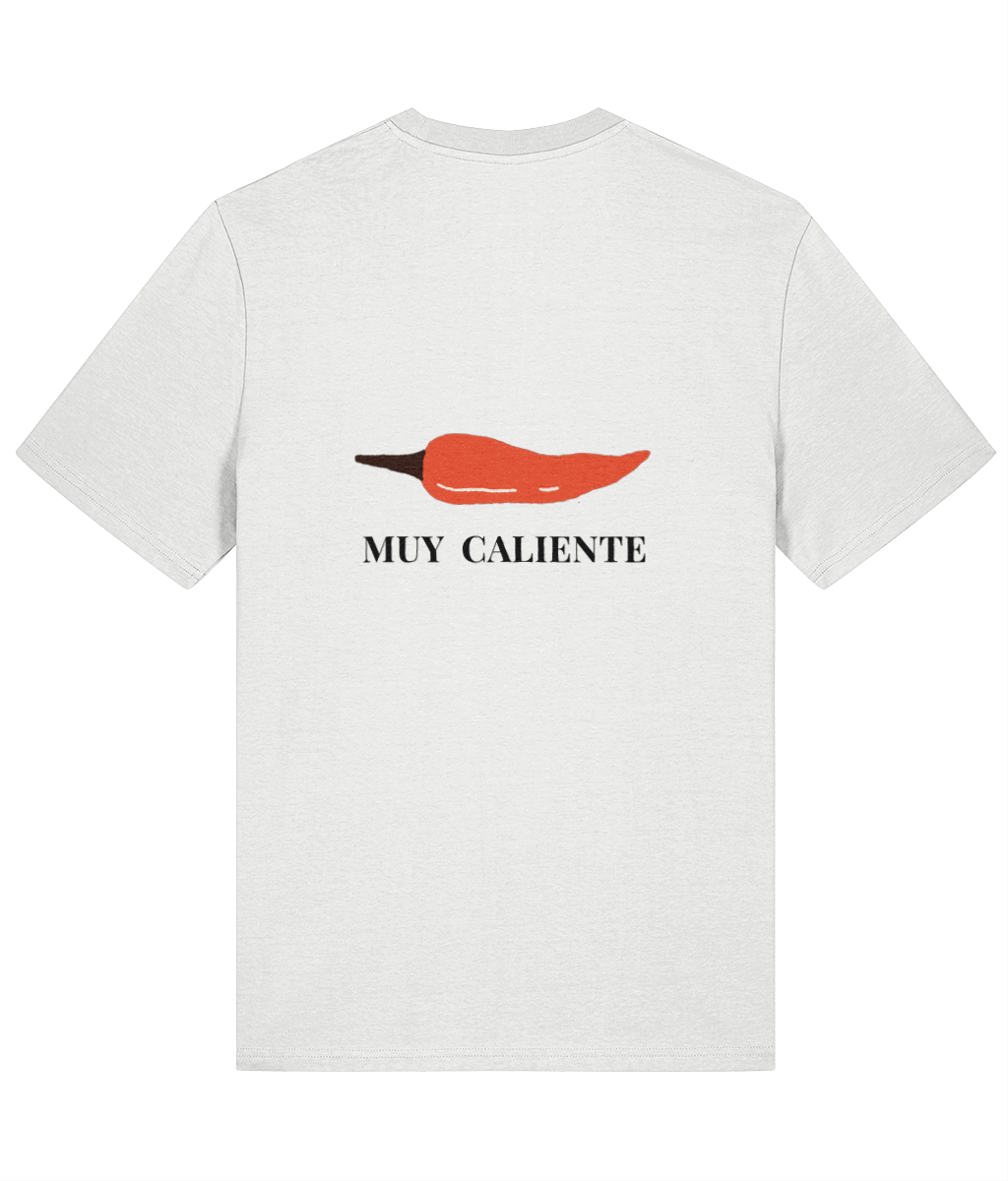 White Organic Cotton womens classic t-shirt with red chili pepper graphic print and 'MUY CALIENTE' text on the back