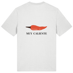 White Organic Cotton womens classic t-shirt with red chili pepper graphic print and 'MUY CALIENTE' text on the back