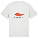 White Organic Cotton womens classic t-shirt with red chili pepper graphic print and 'MUY CALIENTE' text on the back
