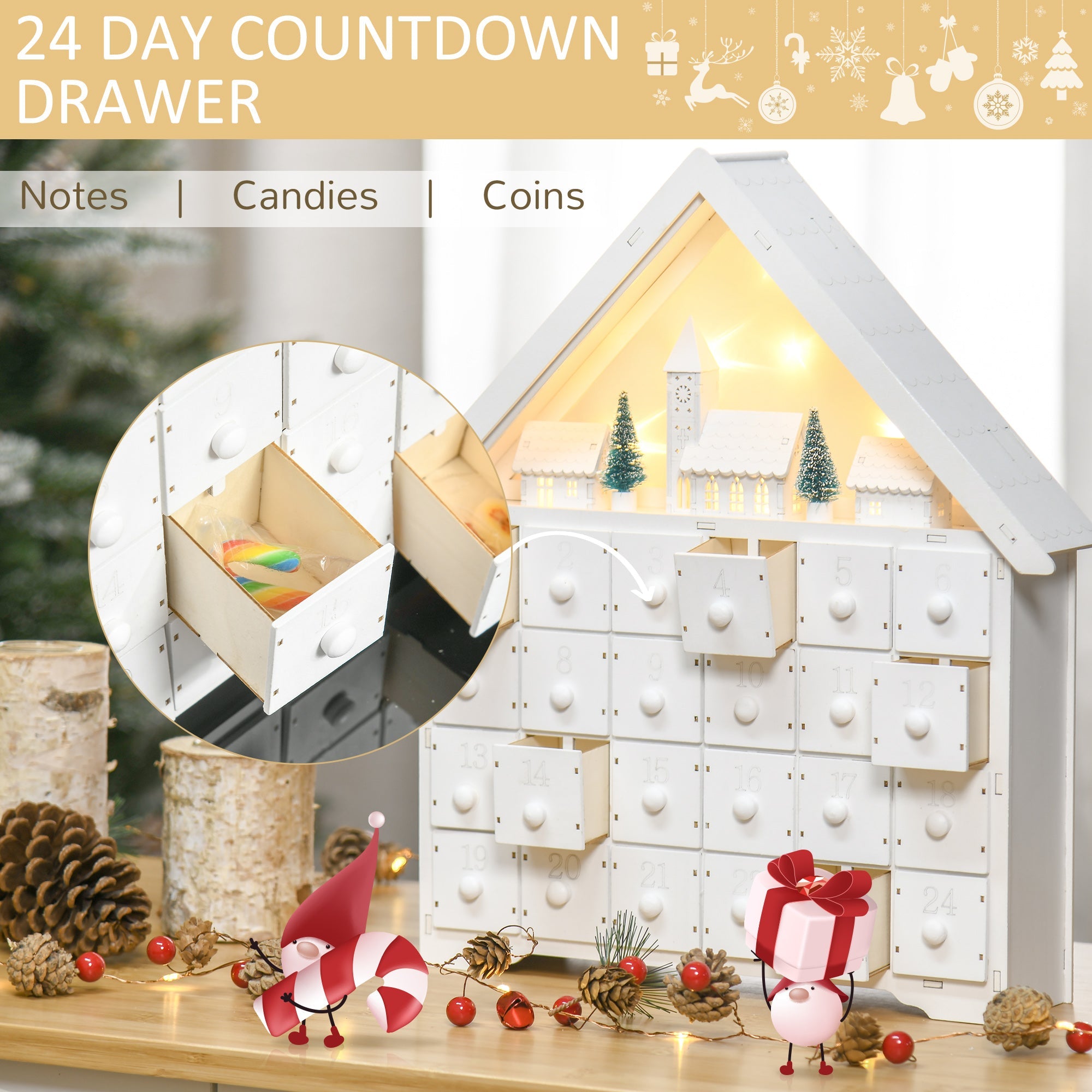 Christmas Advent Calendar, Light Up Table Xmas Wooden House Holiday Decoration with Countdown Drawer, Village, for kids Adults, White-4