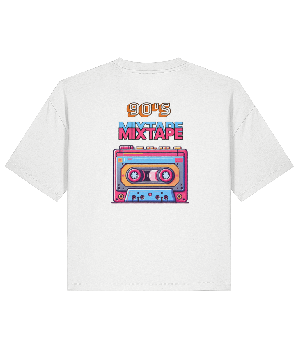 White organic cotton boxyfit womens t-shirt with '90s Mixtape' graphic on the back