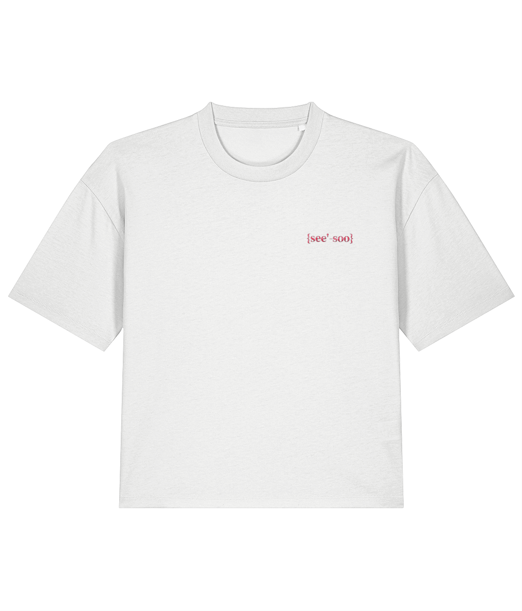 White organic cotton boxy fit womens t-shirt with pink embroidered signature logo front