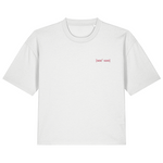 White organic cotton boxy fit womens t-shirt with pink embroidered signature logo front