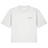 White organic cotton boxy fit womens t-shirt with pink embroidered signature logo front