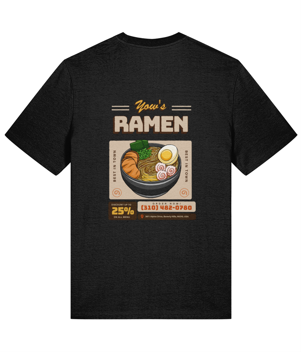 black organic cotton crew neck t-shirt with bold Yow's Ramen print on the back