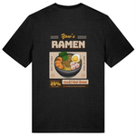 black organic cotton crew neck t-shirt with bold Yow's Ramen print on the back