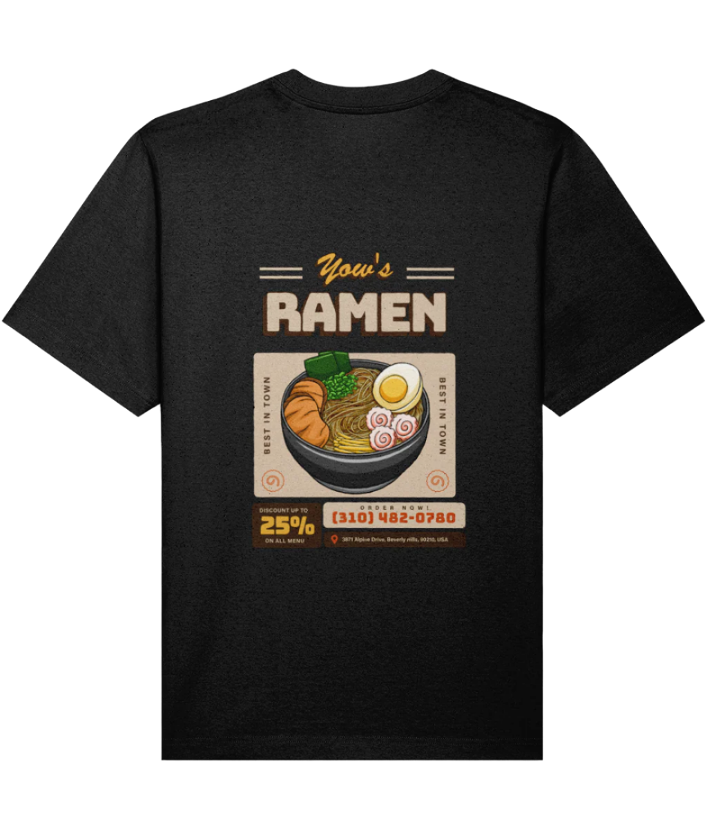 Black organic cotton t-shirt with a ramen graphic and text on the back