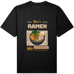 Black organic cotton t-shirt with a ramen graphic and text on the back