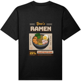 Black organic cotton t-shirt with a ramen graphic and text on the back