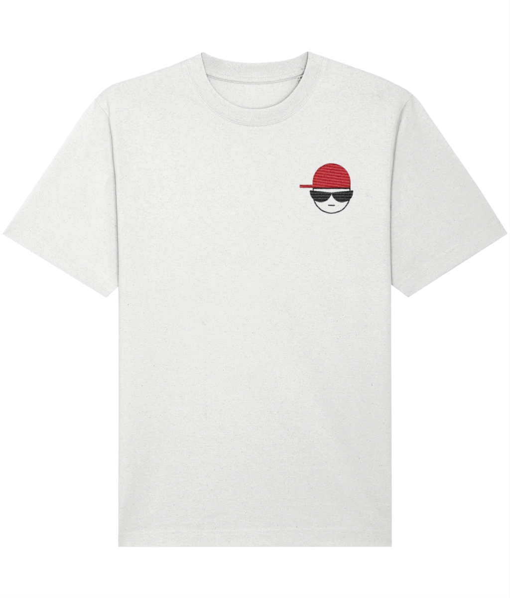 White relaxed fit mens t-shirt with a small  embroidered graphic of a face wearing a red cap and sunglasses 