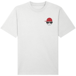 White relaxed fit mens t-shirt with a small  embroidered graphic of a face wearing a red cap and sunglasses 